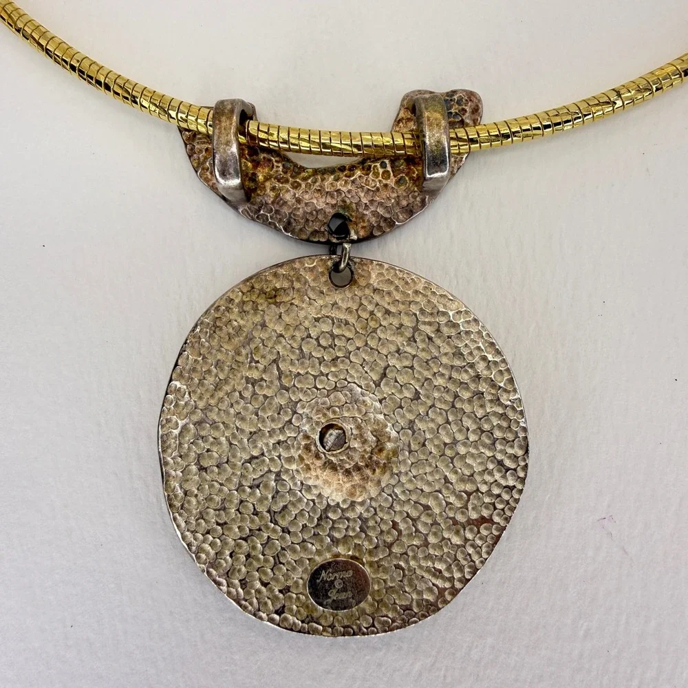 Norma Jean Collar Necklace Mixed Metal Hammered‎ Spiral Pendant Gold Tone